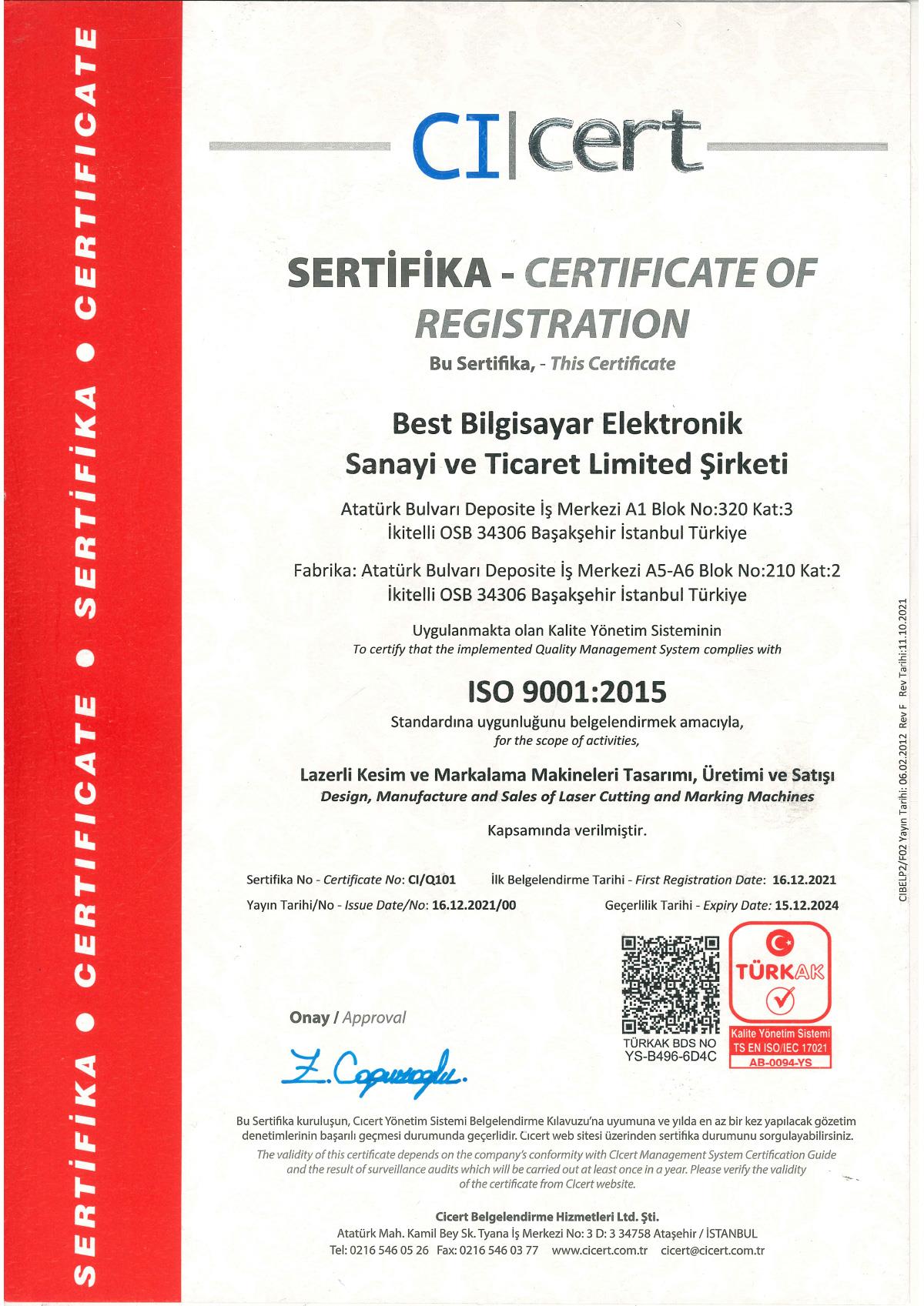 Quality Management System
Certificate